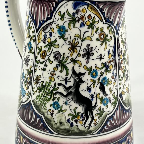 Ceramicas De Coimbra Portugal Pitcher Hand Painted Floral Deer Bird Motif 8" - Picture 8 of 13